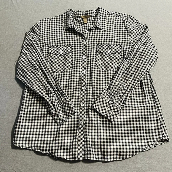 Bit &‎ Bridle Top Women XL Plaid Black White Button Up 100% Cotton Shirt - Picture 1 of 9